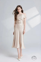 Elegant champagne-colored one shoulder maxi dress in Langry fashion