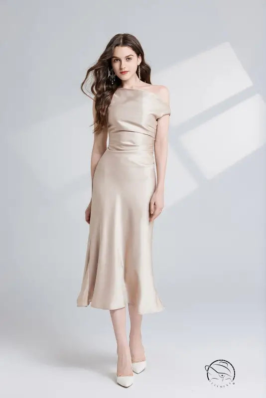 Elegant champagne-colored one shoulder maxi dress in Langry fashion