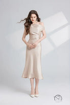 Elegant champagne-colored satin one shoulder maxi dress in Langry fashion