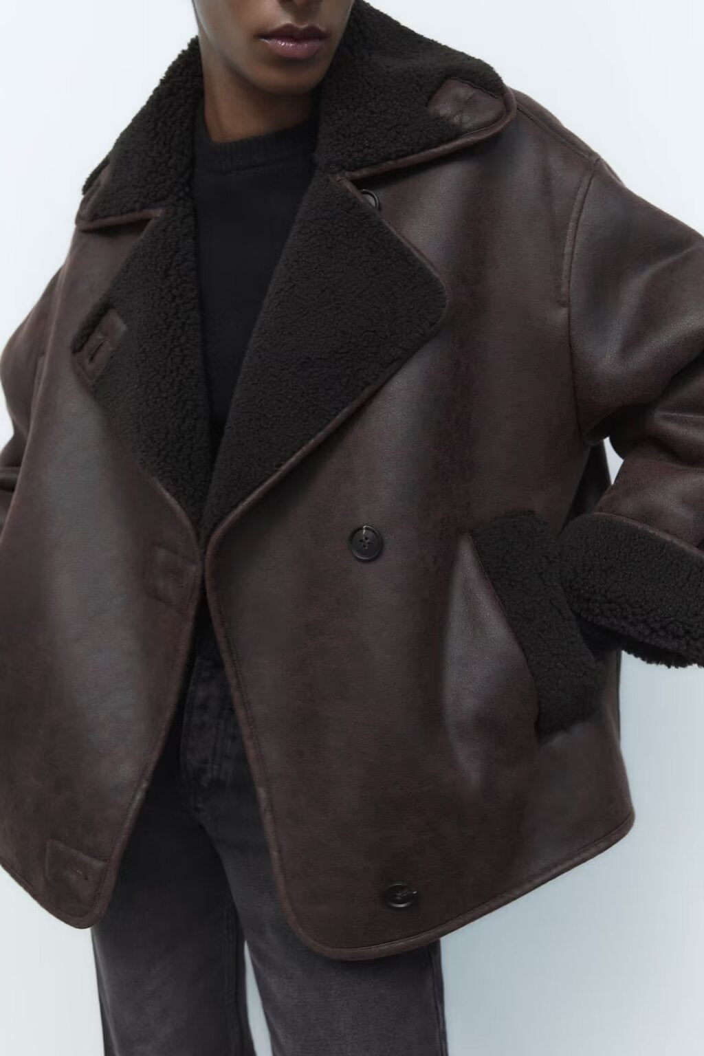 Langry fashion brown shearling-lined peacoat with double-breasted buttons