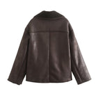 Elegant langry fashion brown leather jacket with fur collar and flap pockets