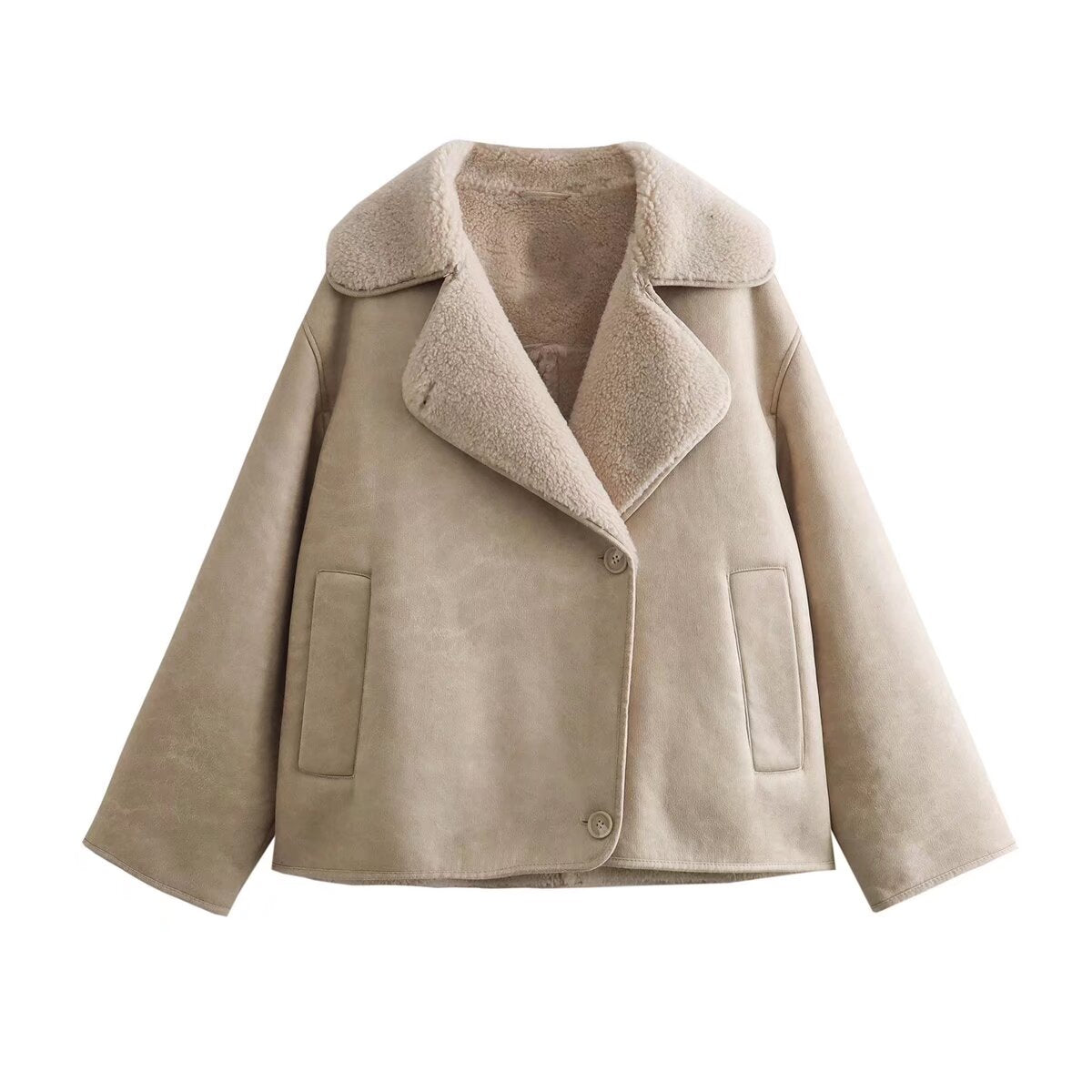 Elegant langry beige faux fur lined collared jacket with pockets