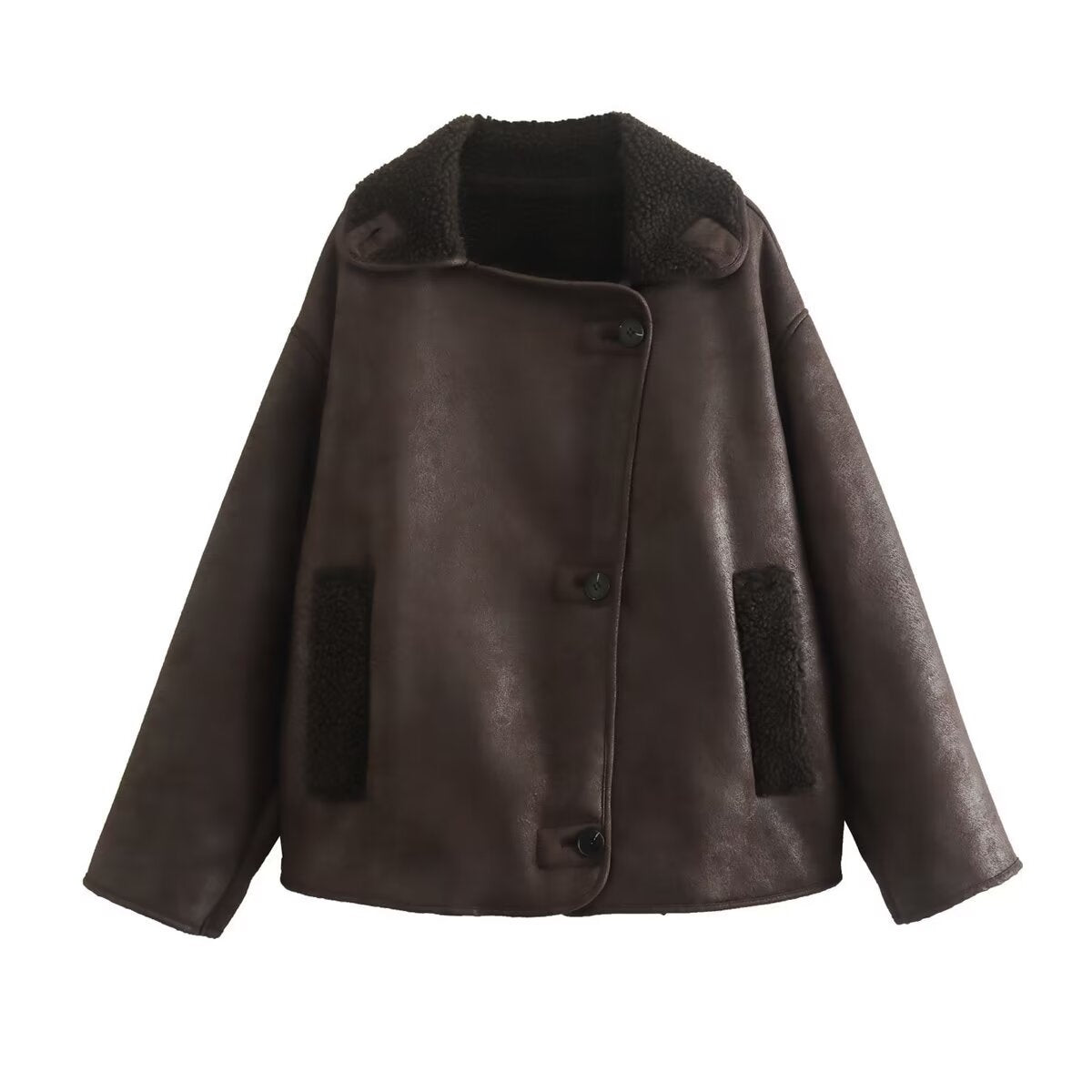 Langry fashion brown faux leather jacket with fur lining and patch pockets