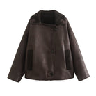 Langry fashion brown faux leather jacket with fur lining and patch pockets