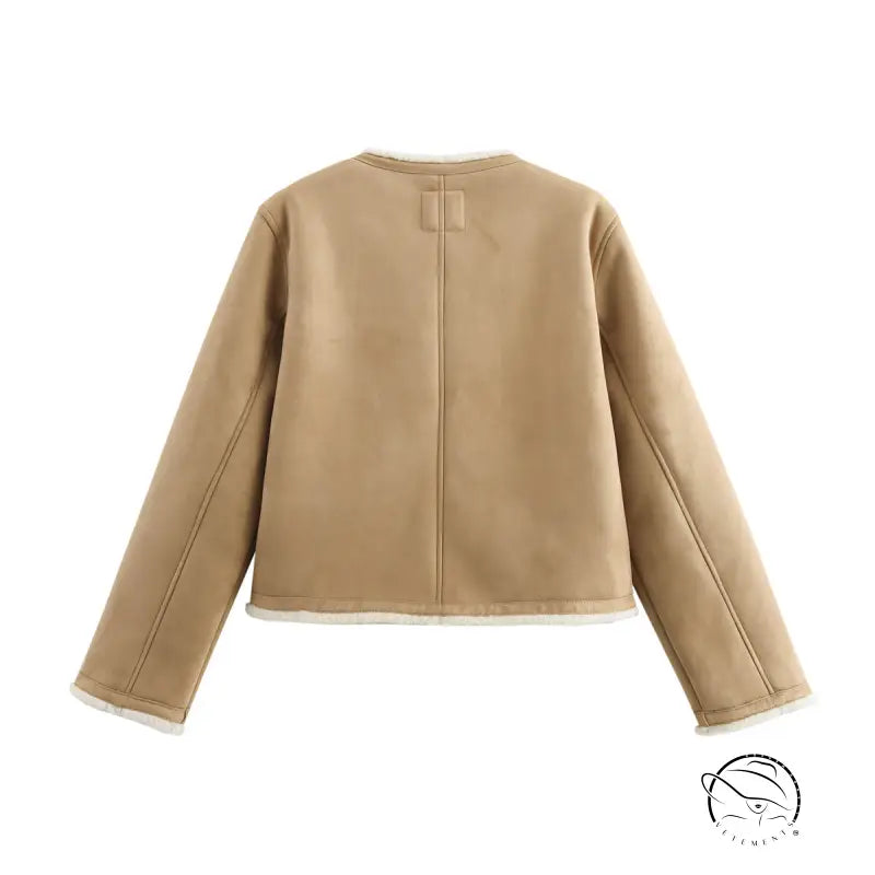 Fashionable beige fleece-lined langry suede coat with zipper and long sleeves