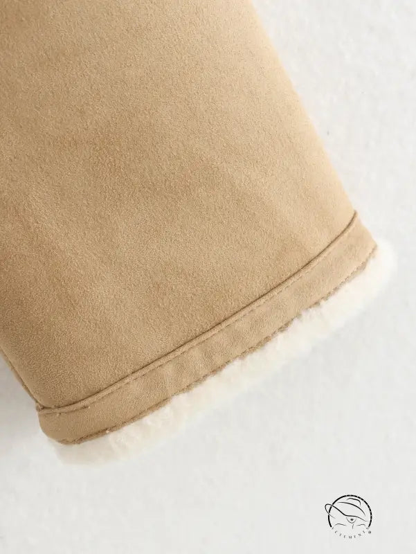 Beige suede shearling bootie with white fur trim for langry winter fashion