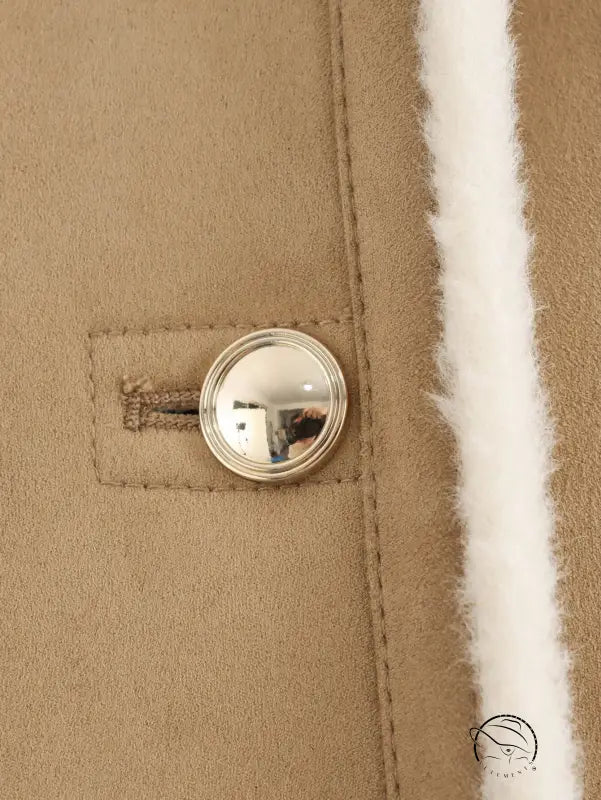 Winter Street beige suede jacket with silver buttons and white fur trim, fashionable langry coat