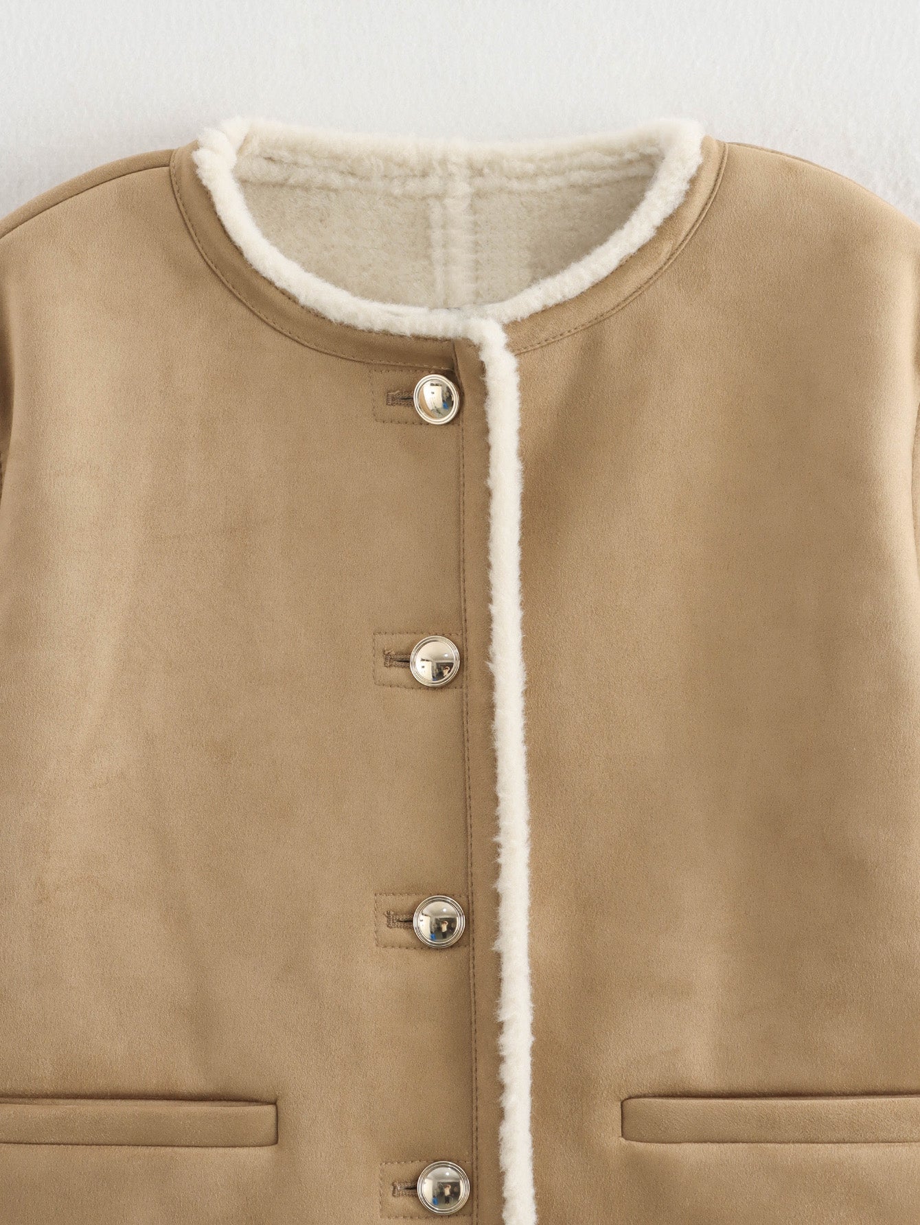 Langry fashion beige shearling-lined suede coat with silver buttons