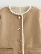 Langry fashion beige shearling-lined suede coat with silver buttons