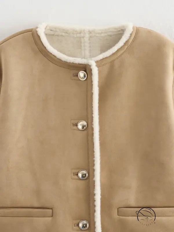 Beige shearling-lined suede coat with silver buttons and pockets