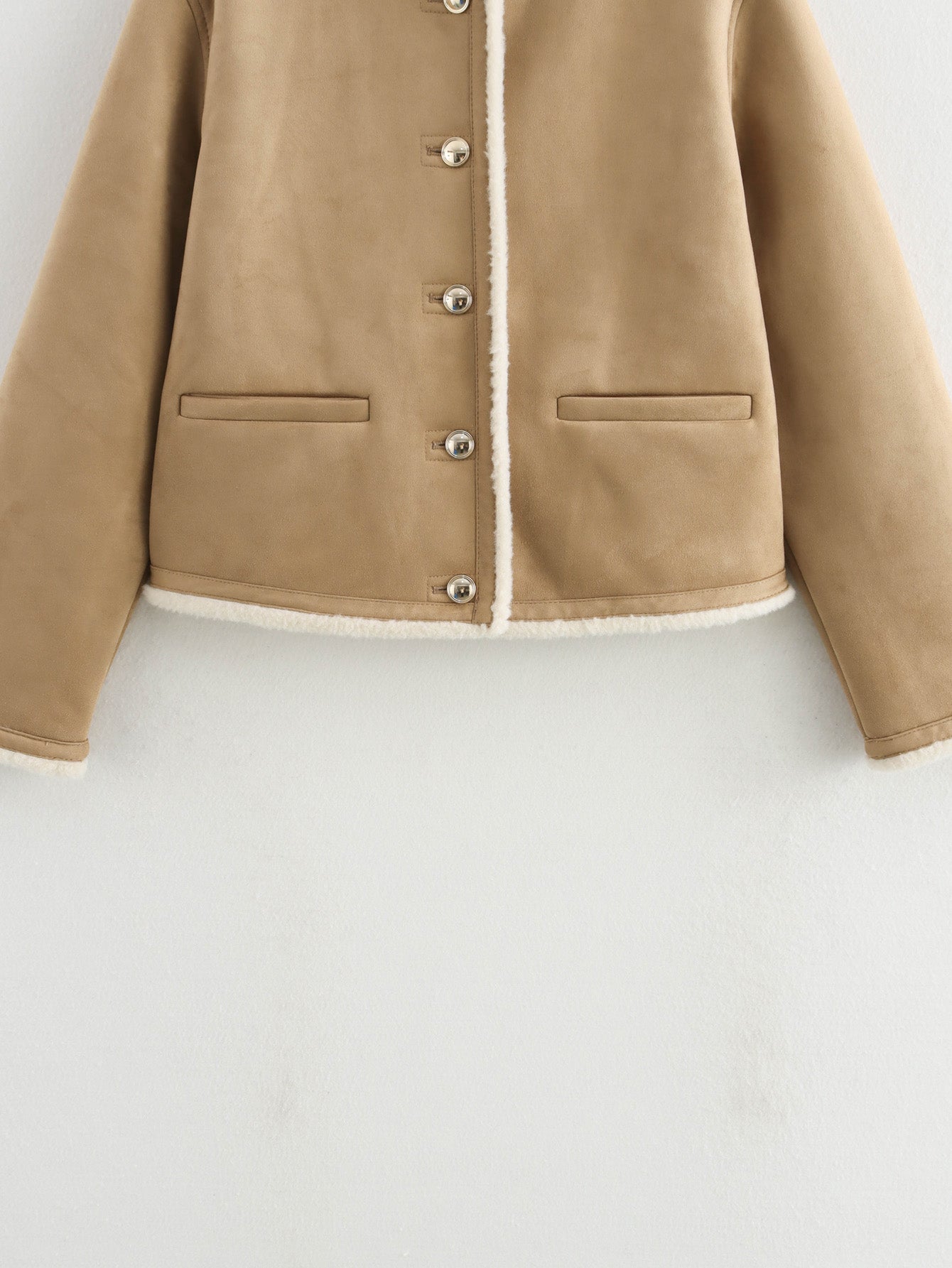 Beige wool langry fashion jacket with gold buttons and suede piping
