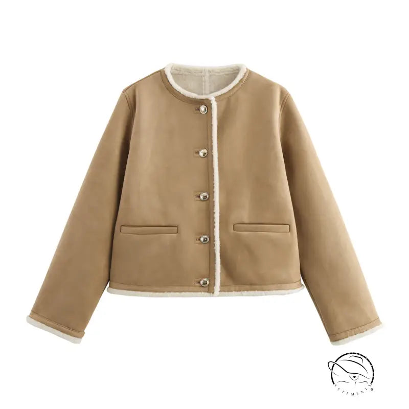 Beige fleece-lined suede jacket in Langry winter fashion style