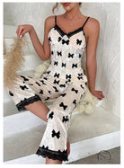 Bowknot velvet pajamas set with black bow print and lace trim