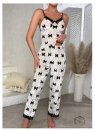 Bowknot velvet pajamas set with black bow print and lace trim