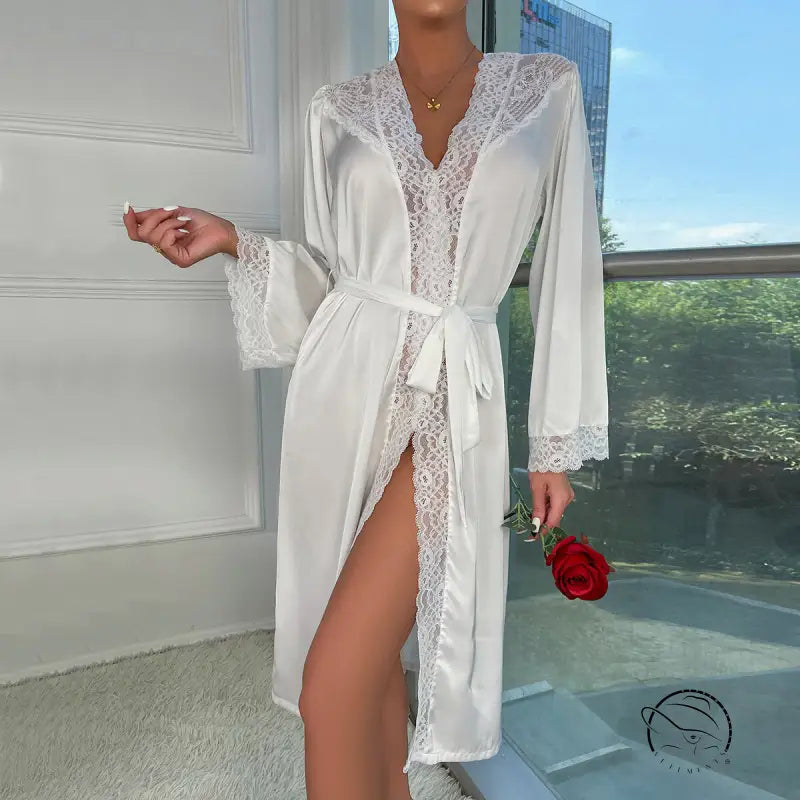Elegant white satin and lace robe with tie waist in luxury satin robes