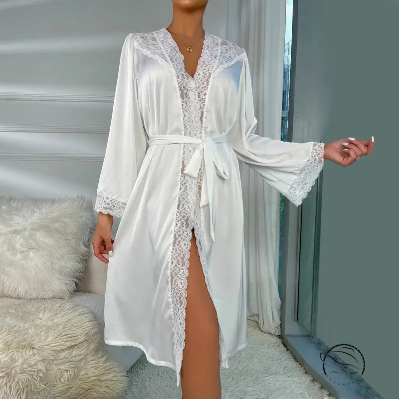 Women’s white satin and lace long robe with tie waist in luxury satin robes