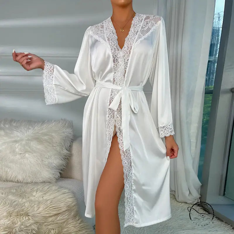 White luxury satin robe with lace trim and tie waist