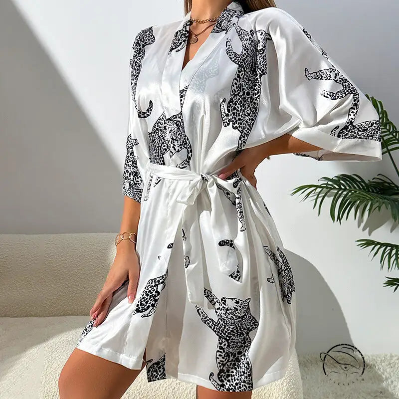 White button-up casual cardigan nightgown with black leopard print