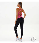 Woman in pink yoga breathable top and black leggings by Langry fashion