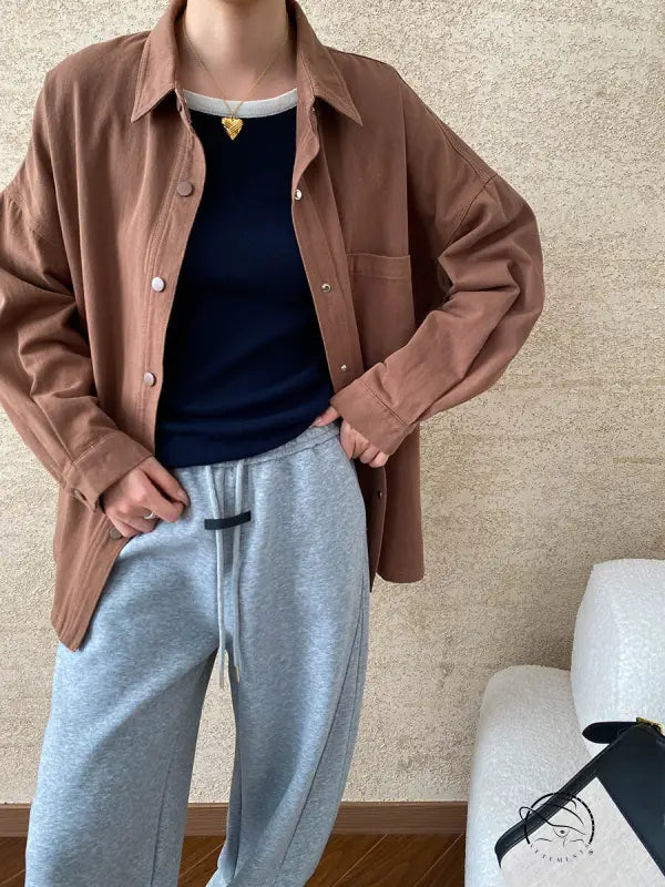 Casual brown button-down Langry cotton jacket in office fashion ملابس