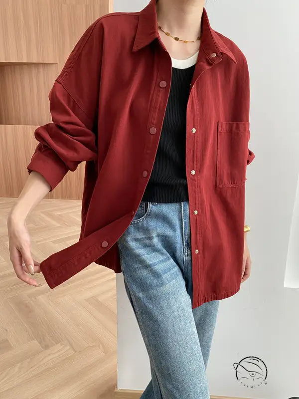 Red langry cotton jacket with button-down shirt for fashion ملابس