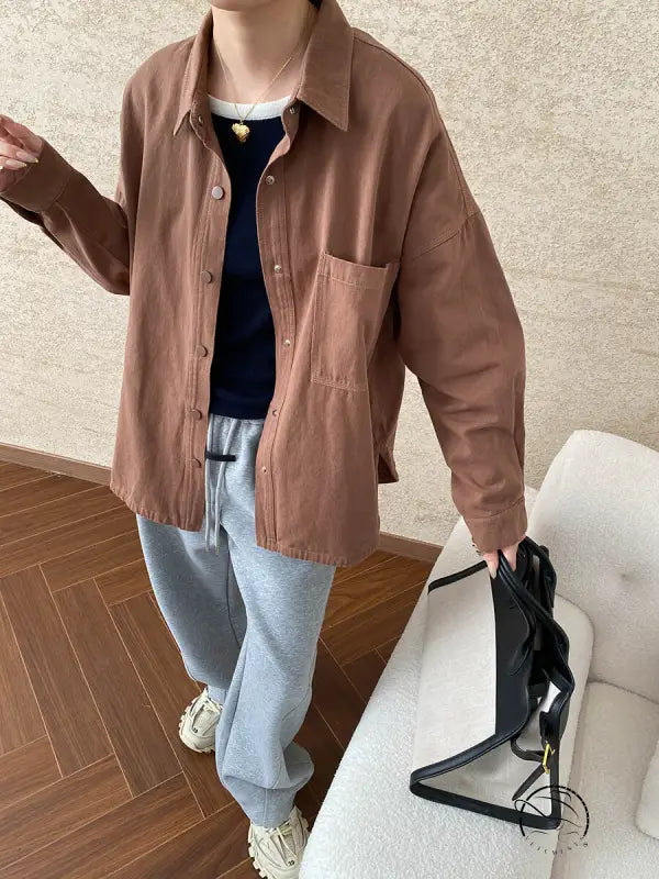 Langry fashion brown button-down cotton shirt with chest pocket