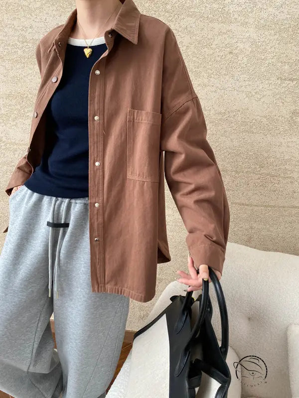 Brown button-down shirt in casual office cotton jacket from Langry fashion ملابس