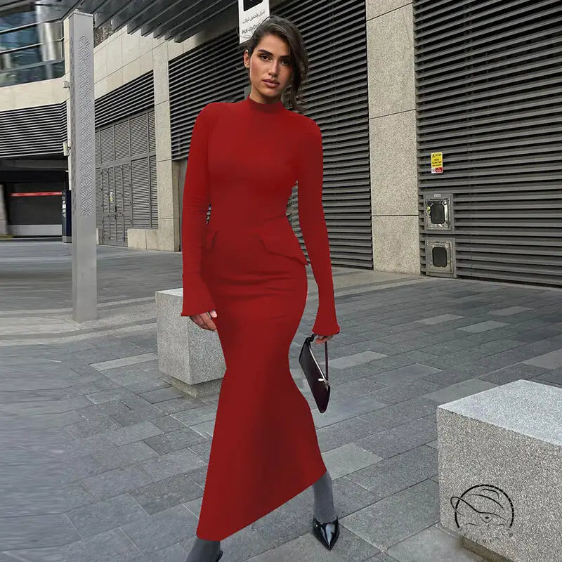Red long-sleeved fitted maxi dress with beautiful back slit