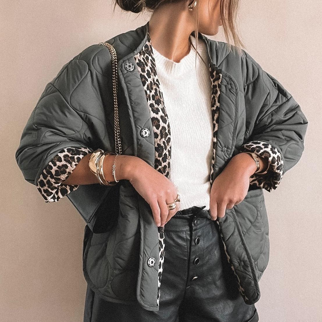 Quilted gray jacket with leopard print lining from All Match Leopard Print Cotton Coat
