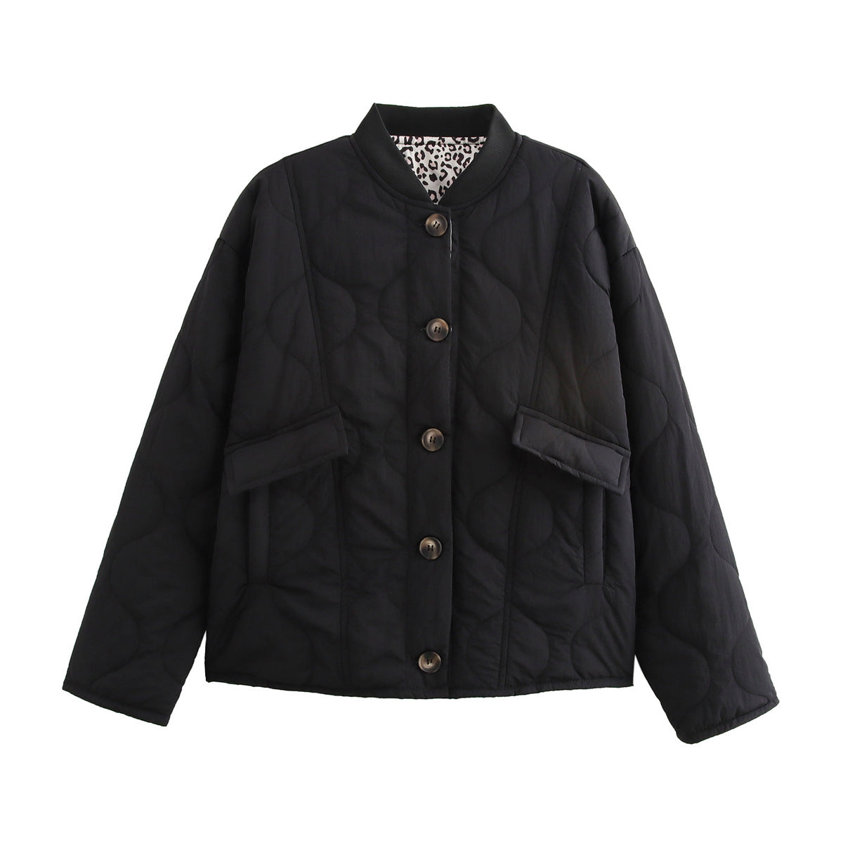 Black quilted jacket with pockets from All Match Leopard Print Cotton Coat for fashion enthusiasts
