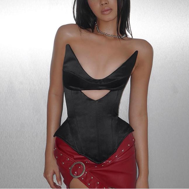 Black satin backless boning corset top from the Backless Boning Corset collection