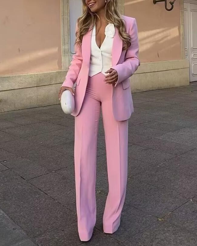 Pastel pink Langry fashion blazer with tuxedo collar and high-waist trousers