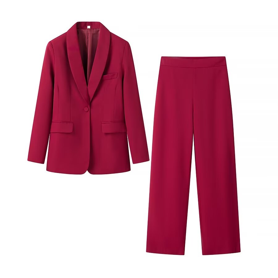 Langry fashion ملابس: wine tuxedo collar blazer with high-waist wide-leg pants