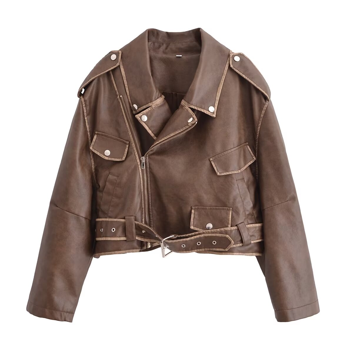 Winter Street faux leather motorcycle jacket in brown with silver hardware and pockets