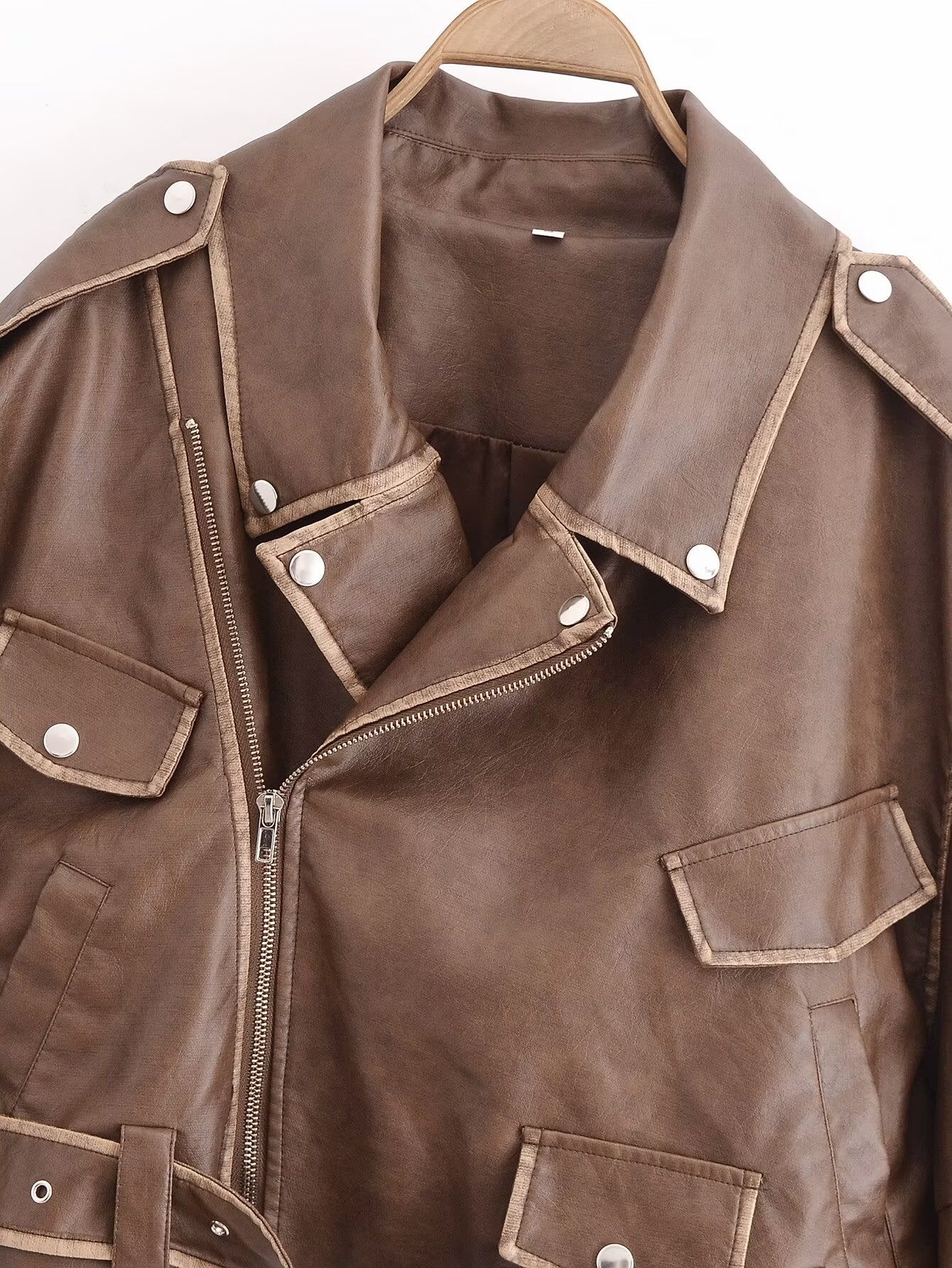 Winter Street faux leather motorcycle jacket in brown with silver hardware