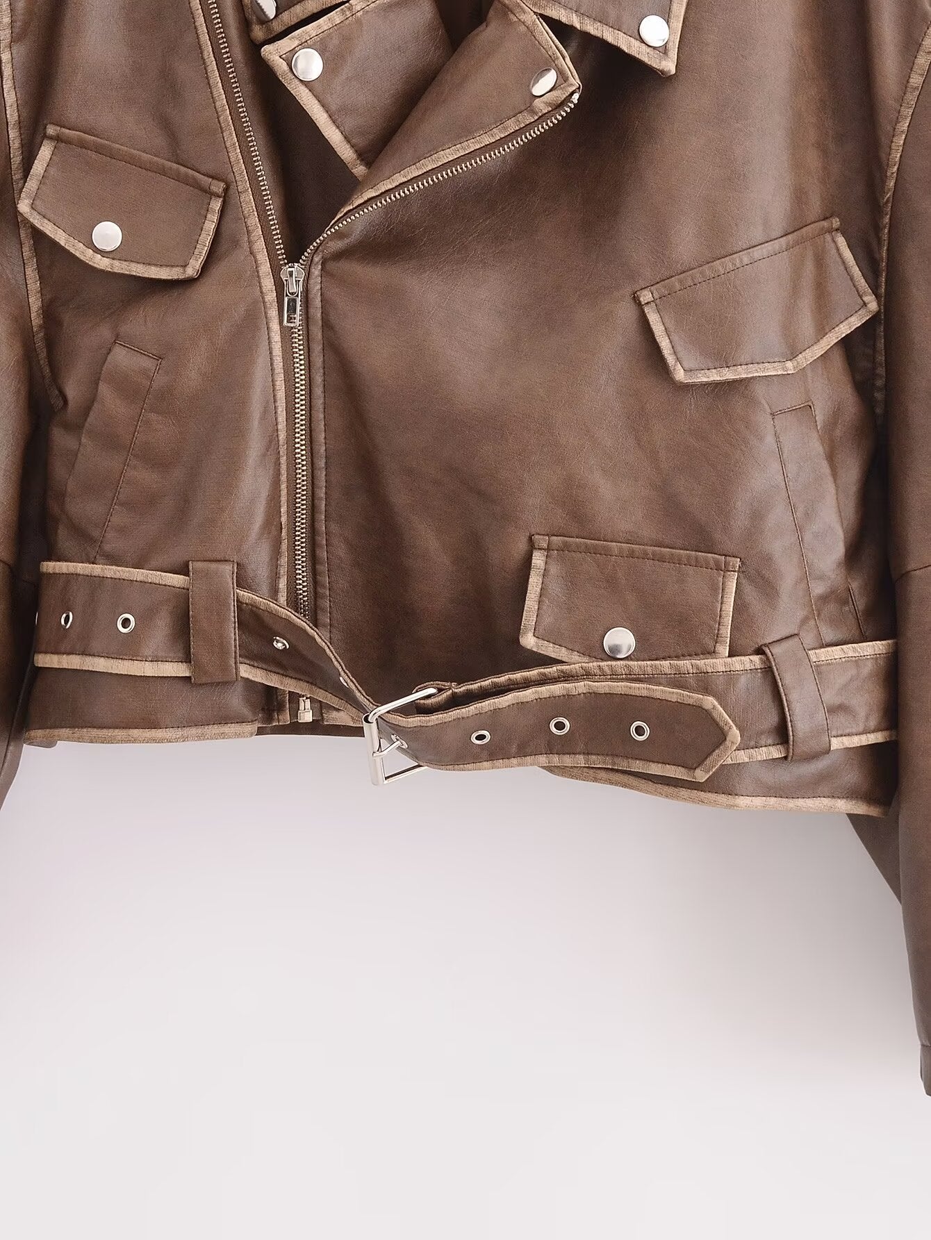 Winter Street faux leather motorcycle jacket in brown with pockets and silver hardware