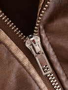 Faux leather motorcycle jacket zipper with silver teeth and metal slider