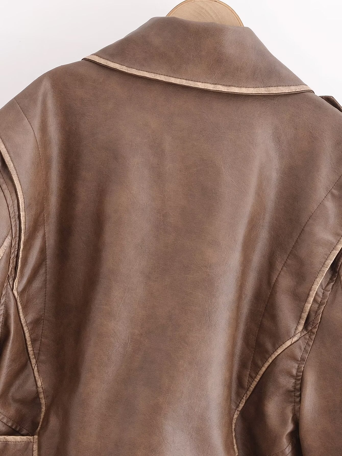 Winter Street faux leather motorcycle jacket in brown with beige stitching