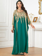 Emerald green langry fashion kaftan with gold embroidery and sheer sleeves