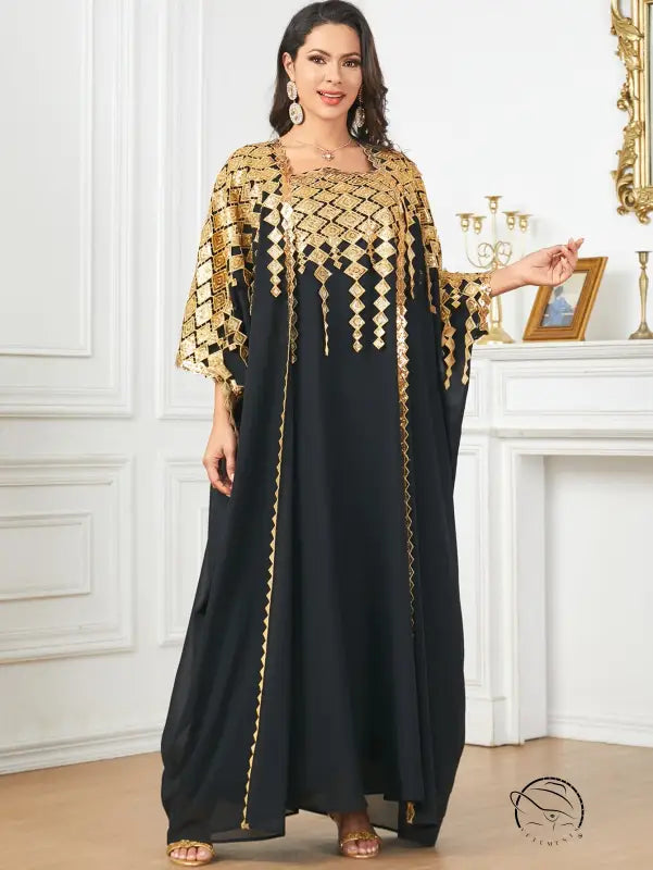 Black and gold langry abaya with geometric patterns in fashion ملابس