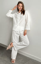 Beautiful white pure cotton Langry fashion pajama set with stripes