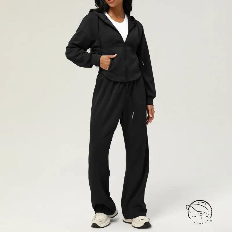 Black hooded tracksuit with loose hooded coat and casual sweatpants