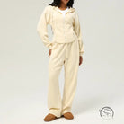 Cream-colored velour loose hooded coat with casual sweatpants