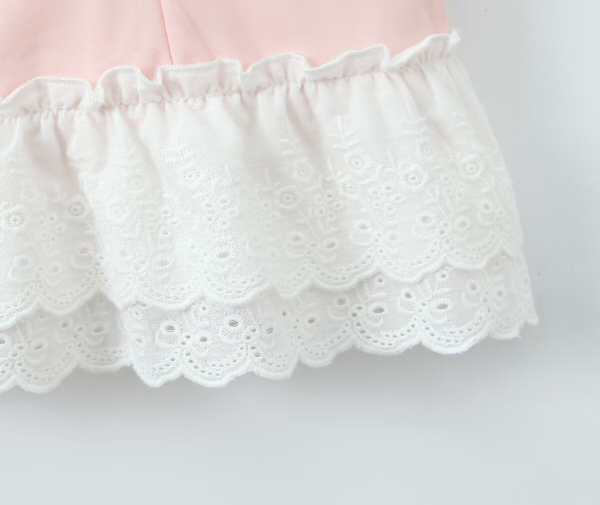 Delicate white eyelet lace trim with scalloped edges on Enchanting Steel Bracket Short Dress