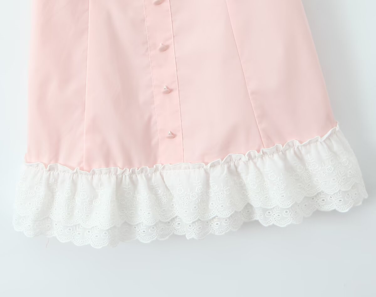 Pink blouse with white ruffled trim from Enchanting Steel Bracket Short Dress for stylish fashion