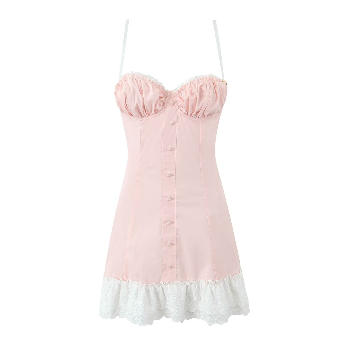 Pink strapless dress with white ruffle trim and button details in fashionable ملابس