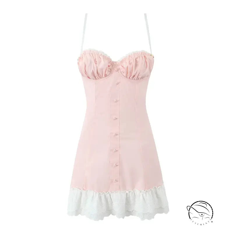 Enchanting steel bracket short dress in pink with white ruffle trim and buttons