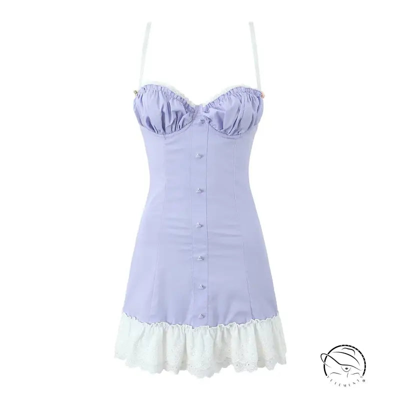 Enchanting steel bracket short dress in lavender bustier with white ruffle trim