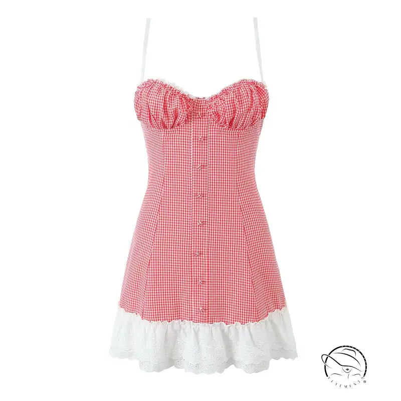 Enchanting steel bracket short dress in red and white gingham with spaghetti straps and lace-trimmed ruffle hem