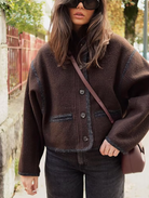 Langry stylish graceful soft woolen brown textured jacket with button closure and crossbody bag in fashion ملابس